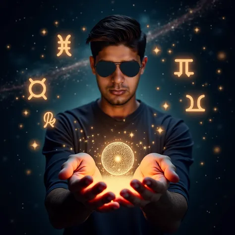 man looking at camera and holding the constellation and around some stars with the names of each zodiac sign 