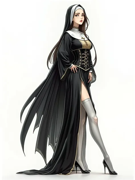 one woman. black nun robe with leg cutout. slim build. there is a cross on the neck. on the stomach there is a black corset. one leg extended forward. hands on hips. yellow eyes. Lmtso without emotions. profile view white background without details.