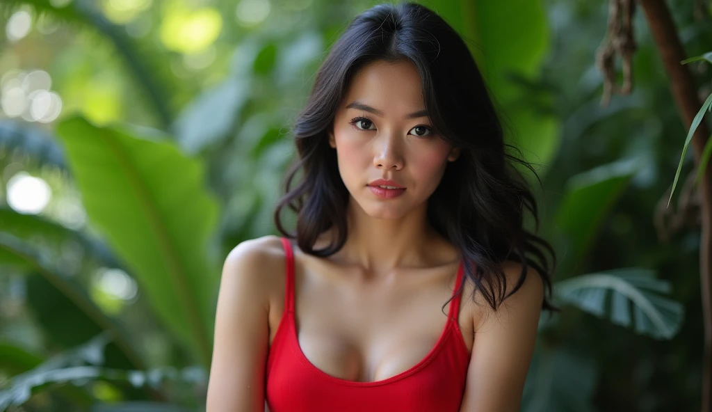   beautiful Indonesian young girl, white skin, big boob, not to skinny girl, Black hair, using red tanktop,,  face to camera top , background garden 