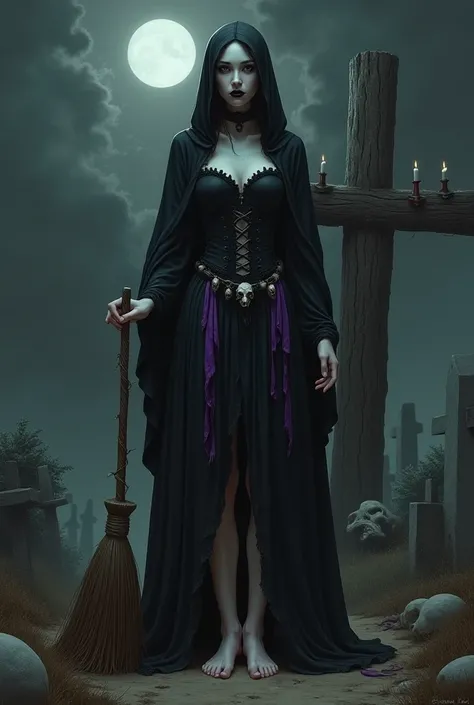 oil painting style image of a feminine spiritual entity looking like a woman with a pale face and black eyes dreadful look black hoodie covering half her face and long black medieval cape dragging on the floor and medieval dress strapless sweetheart blouse...