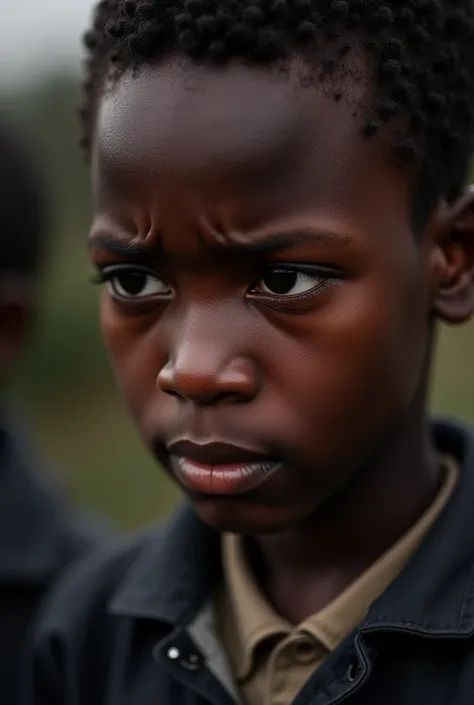 Create a close up image of black african boy crying for the furneral of his father with a lot of stress due to death