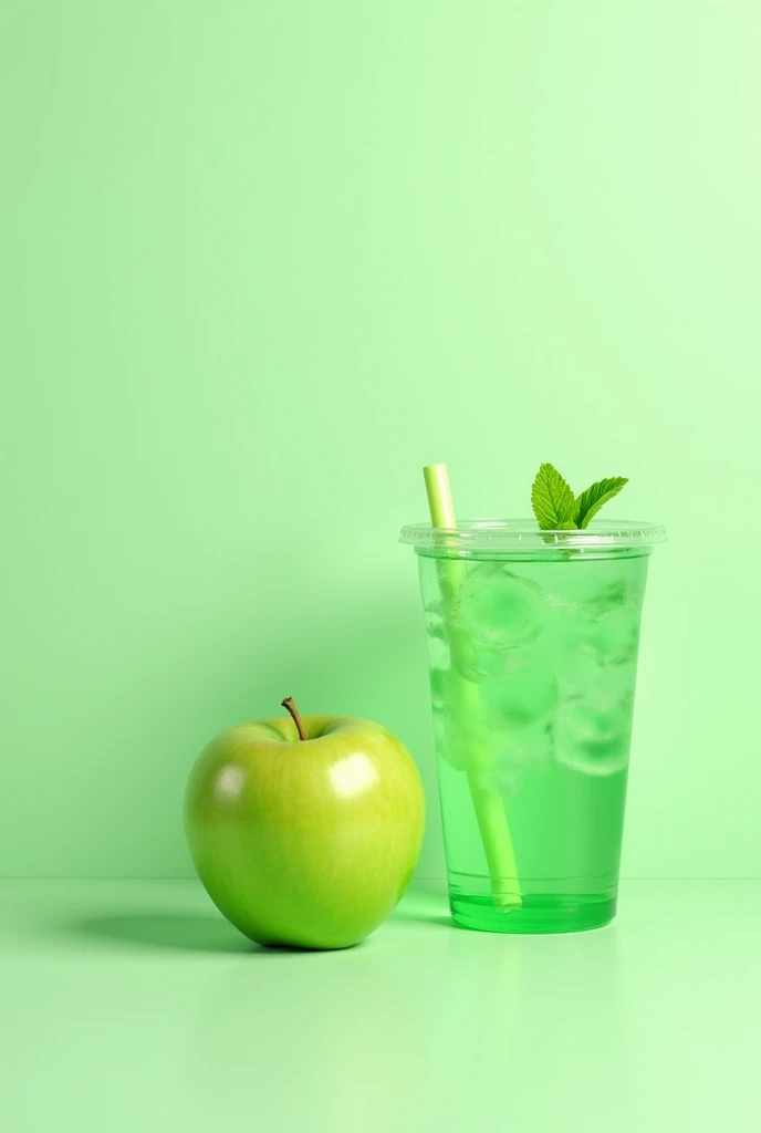 there is a green apple with mint drink in a plastic cup