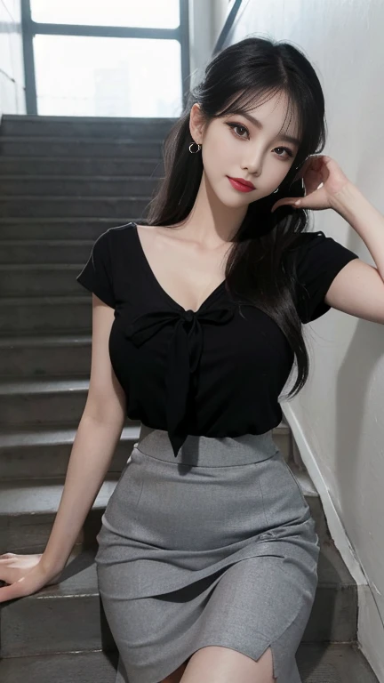 gray eyes, korean , summer black  fit shirt, ribbon tie, fit classic skirt, bright blonde, school stairs, going down school stairs, Pose that sticks out the chest, Pose showing off your chest, 8k RAW photo, High resolution,  cool korean, very big round bre...