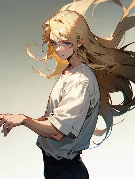  boy, blond,  long hair,  in a white shirt  