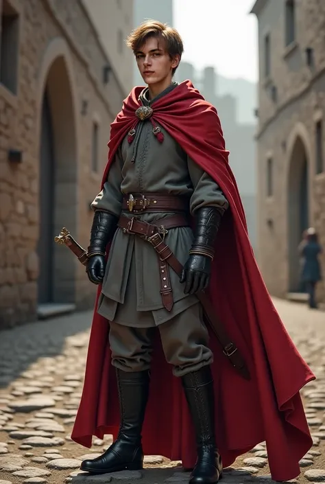 Slim and tall young man, medieval clothing in gray and red, black leather belts fitted to the body, light brown hair almost wavy hair medium short.