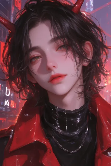 ( Masterpiece, beauty,  high resolution ), illustration, 1 Boy,  alone , (((cartoon style: 1))), (Western Cartoons),  Horny Demon Boy , portrait, Smile,  Black Anime Medium Short Hair , cute,  Pink Lips, red eyess,  youth,  Cyberpunk Streetwear, Rainy Day,...