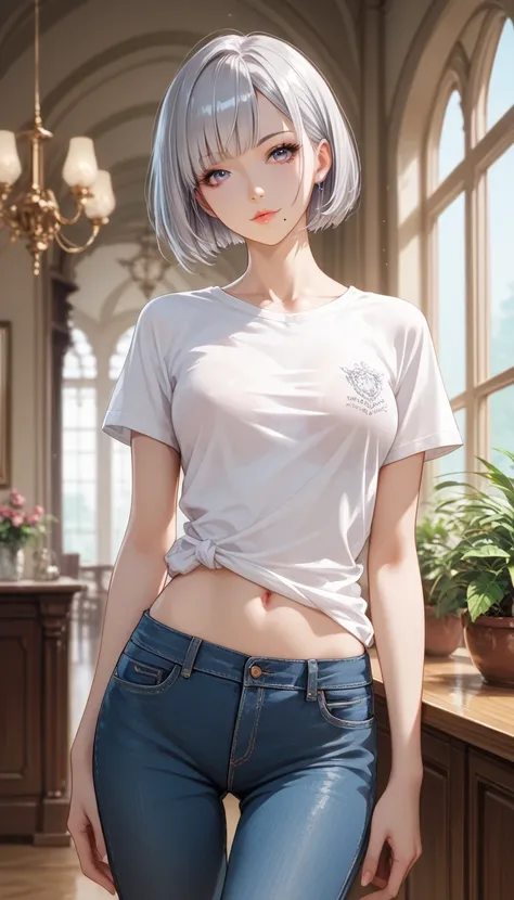 best quality, absurdres, わきDownを見せない, Down,  no background,  becomes transparent when you stare at it {x}, PE, front view, cowboy shot,  perfect beautiful face, Beautiful breasts,  thin legs, slim, beauty mark, silver short bob hair, wide pants, t-shirt,