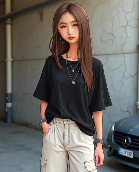 The photo shows a cartoon young woman with long, straight brown hair posing in an urban setting. She is dressed in a stylish casual look: a loose black T-shirt and white wide cargo pants. She is accessorizing with a silver necklace and bracelet. The backgr...