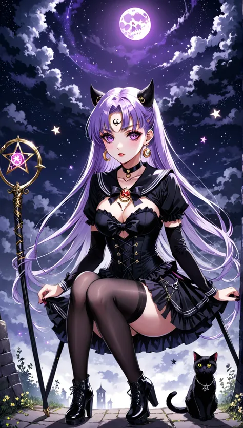 Sailor Moon Gothic , gothic makeup , elegant black dress,corset, stockings, earrings, skull necklace , beauty eyes, little horns , pentagram bottom, full body view, night atmosphere ,squatting , beautiful legs, gothic makeup , bicolor hair ( violet and whi...