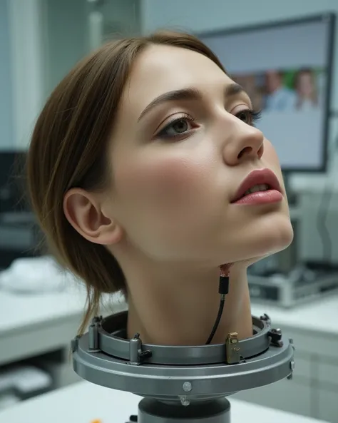 Close-up shot of the severed head of a beautiful brown-haired adult German woman on a pedestal, Cables and circuits come out of the base of the head,  hyperrealistic, full hd, realistic and human skin, on the table in a laboratory 