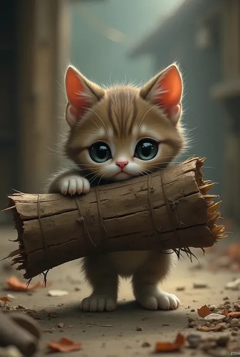 A sad kitten because it has no money carrying wood