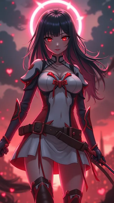 "A 20-year-old anime warrior with black hair and red eyes, holding a magic bow that shines with a heavenly power. She wears light armor with red and black accents.  the setting is a hellish battlefield , with dark clouds and glowing portals in the backgrou...