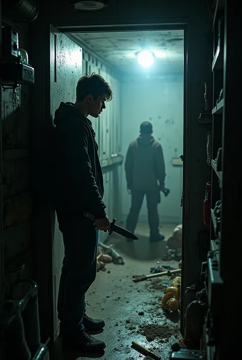 A cramped storage room. Survivors arm themselves with sulfuric acid, an iron rod, and a wooden plank. The narrator, holding a knife, peers out the door cautiously.