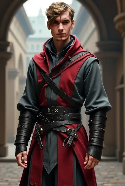 Slim and tall young man, medieval clothing in gray and red, black leather belts fitted to the body, medium-short wavy dark blond hair