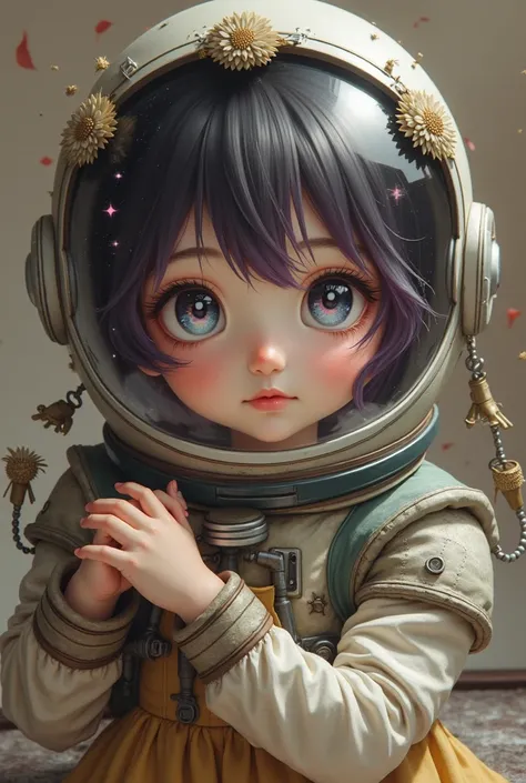  Close-up of an improved masterpiece:1.5)0.9], ( Space and astronauts:1.2) ( Untidy silver hair:1.1) (heterochromia:  xanthochromia and blue eyes :1.2) (Space helmet:1.0) ( Colored stars in the eyes :1.0) ( A radiant glow:1.1) ( thick lips:0.9)