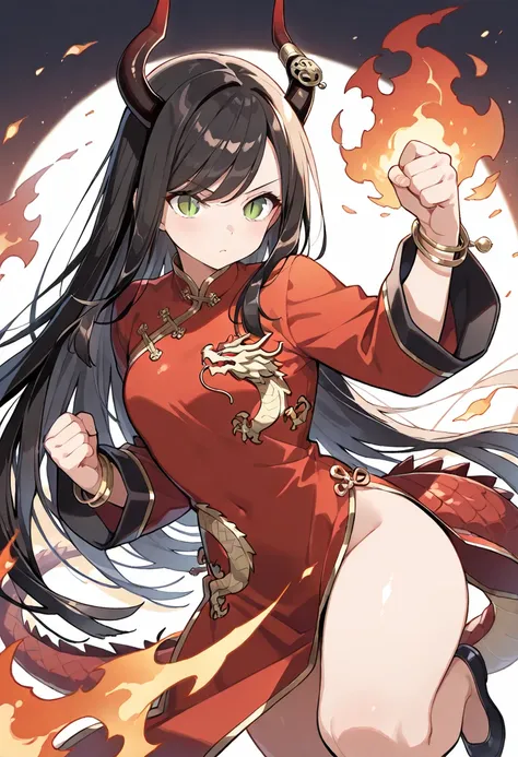 ((masterpiece, best quality, ultra detailed, high resolution, beautiful detailed face, beautiful detailed eyes, perfect hands)), (1 noble woman, solo), (large dragon's straight horn, horns with ornaments, red dragon tail), bare legs, (very long black hair,...