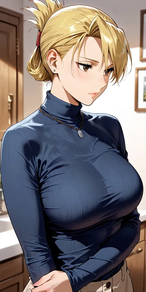 Masterpiece, mature woman, riza hawkeye, slim, upper body, long sleeve shirt, ultra detailed, highres, absurdres, home, portrait, semi realistic