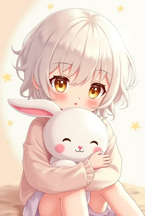 Anime style. Sweet innocent . . With round cheeks and half-lidded golden shiny eyes. With short curly Snow-White hair. Holding a white bunny plush.