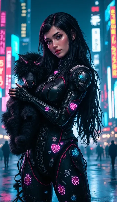 ((masterpiece)) ((photography)) ((Highest quality)) An image demonstrating the style of ((Cyber Grunge)). A curvy cyberpunk woman with long, flowing black hair, wearing a sleek black and silver futuristic armored suit decorated with colorful stickers of he...