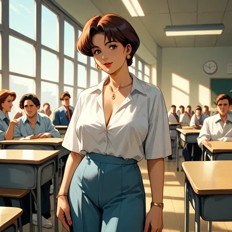 score_9, score_8_up, score_7_up,source_anime,retro artstyle,Harem milf,milfpeaches, perfect composition,cowboy shot, best quality, highres,crowd of people,elemental school,classroom,Art Students
