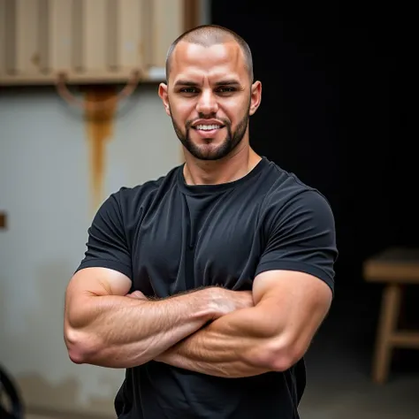 A man with shaved military-style hair with folded arms and black t-shirt, With a light smile the best quality masterpiece ultra detailed incredible realistic image,Canon 5D Mark 4
