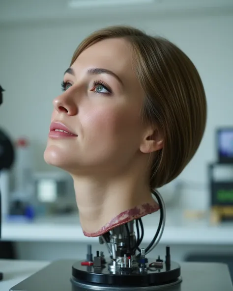 Close-up shot of the severed head of a beautiful brown-haired adult German woman on a pedestal, Cables and circuits come out of the base of the head,  hyperrealistic, full hd, realistic and human skin, on the table in a laboratory 