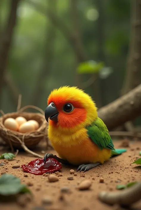 3D PIXR STYLE On the dusty forest floor, a tiny baby Sun Conure parrot lies injured, its delicate body trembling. Its once vibrant green, orange, and yellow feathers are ruffled and stained with small drops of blood near its fragile wing. Its beak is sligh...