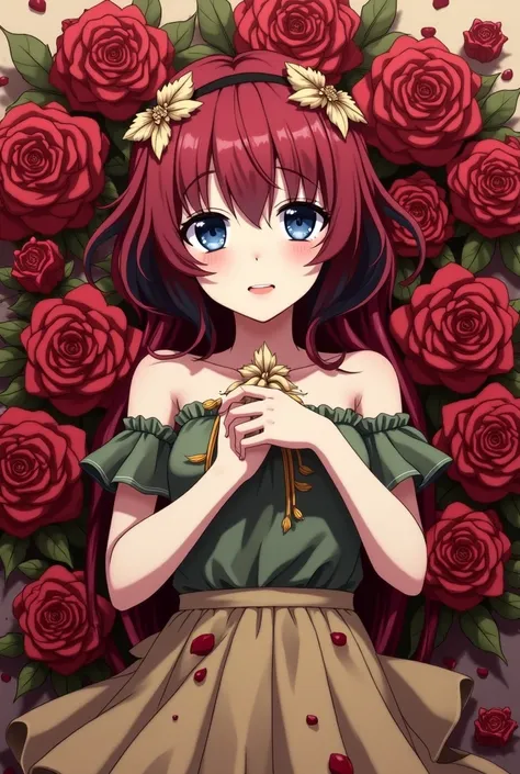  anime girl red hair blue eyes, Lying in roses with thorns stained with blood, crying,  full body from head to toe 