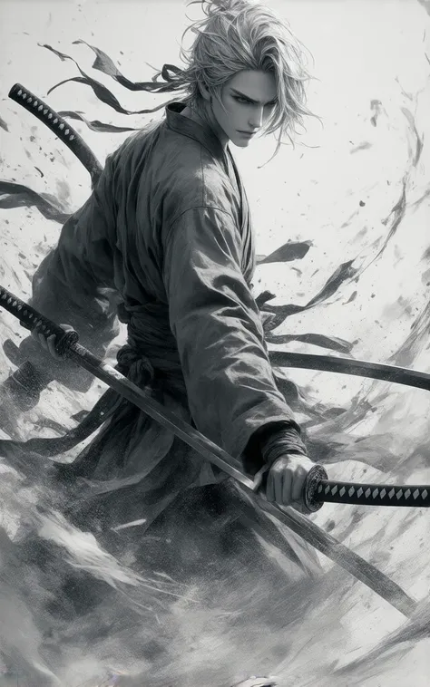 Of course.  here's a description of the image:

 The image is a black and white manga style drawing of a person with short, off-white blond hair,  wearing a dark gray or black kimono ,  apparently a samurai-style outfit , with long sleeves.  The person is ...