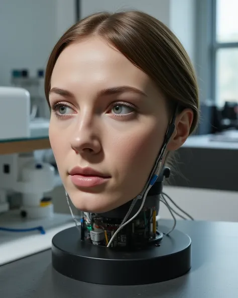 Close-up shot of the severed head of a beautiful brown-haired adult German woman on a pedestal, Cables and circuits come out of the base of the head,  hyperrealistic, full hd, realistic and human skin, on the table in a laboratory 