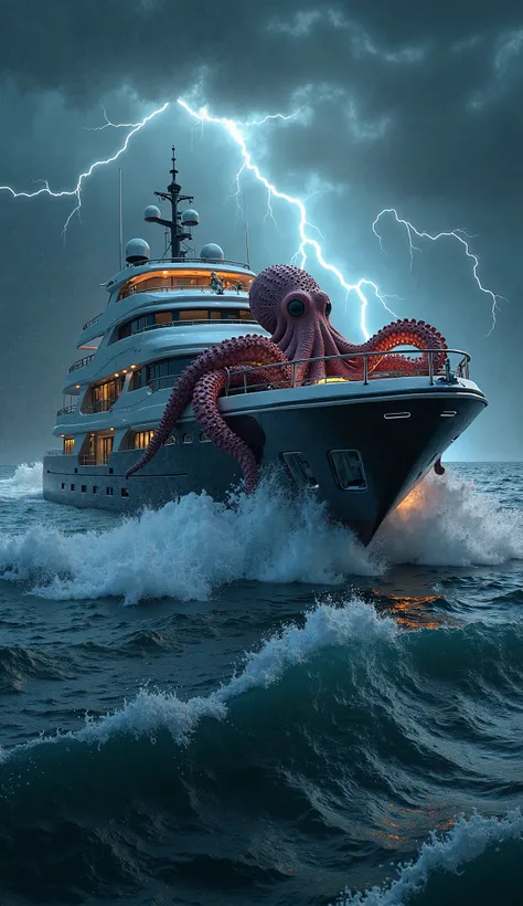 A luxurious yacht, being attacked, by a huge octopus, breaking yacht, stormy night, huge waves, lightning, 