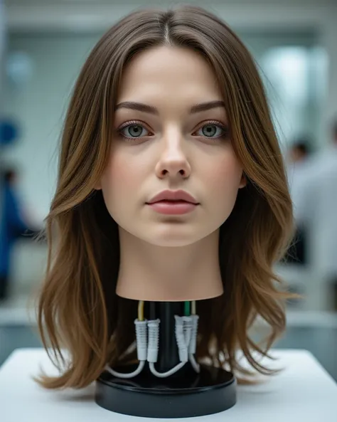 Close up of the severed head of a beautiful adult German woman with long brown hair on a pedestal, Cables and circuits come out of the base of the head,  hyperrealistic, full hd, realistic and human skin, on the table in a laboratory 