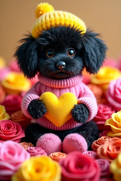 black fluffy dog sits on yellow, pink, red roses, wears a pink fluffy sweater, and pink slippers  and a yellow fluffy baret and holds a yellow big fluffy heart and a pink roses in his pae