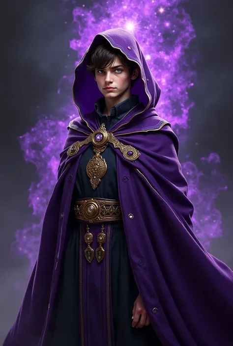 Create a youthful-looking and stately male character with a brown right eye and a dark green left eye,  wearing a powerful and wise wizard's garb emanating a dark purple aura