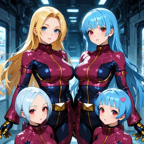 5girls, Kula Diamond and her clones from King of Fighters, King of Fighters, Kula's suit, Dimly lit lab, They have different hair colors (each girl), medium breasts, parted lips, Kula's clones, the clones are surrounding her,, looking at the viewer, surpri...