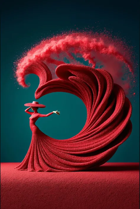 surrealist, photo manipulation, a long and wide red cloth made from small flower beads, the cloth is wrapped around and covers the body of a flamenco woman like a beautiful luxurious dress, wearing a wide hat, she poses in a strange unique dynamic pose wit...