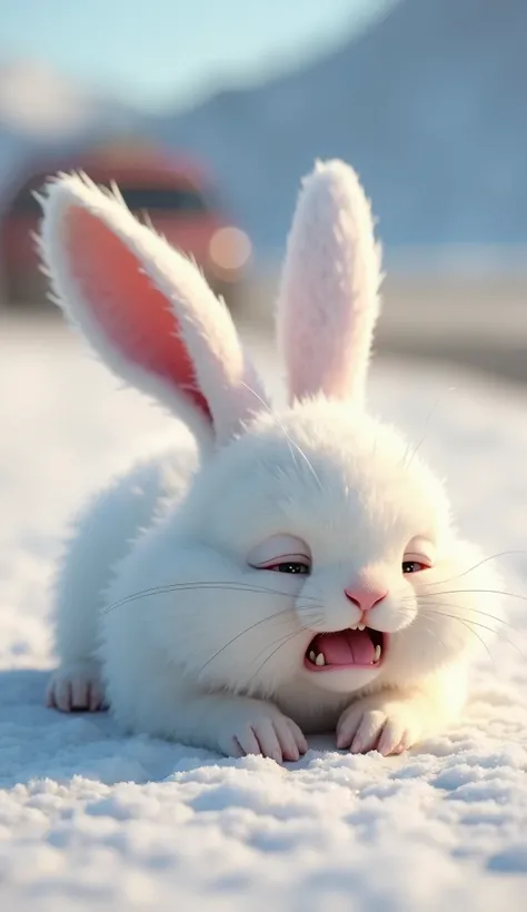 Snowy, white rabbit, fluffy fur, bright eyes, lying on the ground, injured expression, car in the background, road with dust, 3D Pixar Animation Style.  