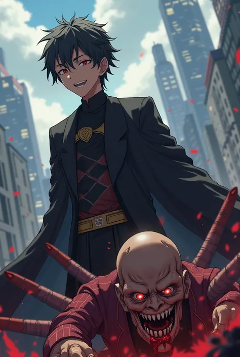 Play Satoru Gojo smiling looking at Sukuna who lost the battle and has one of his four arms cut off and bleeding and blood coming out of his mouth and he's scared and with a city in the background 