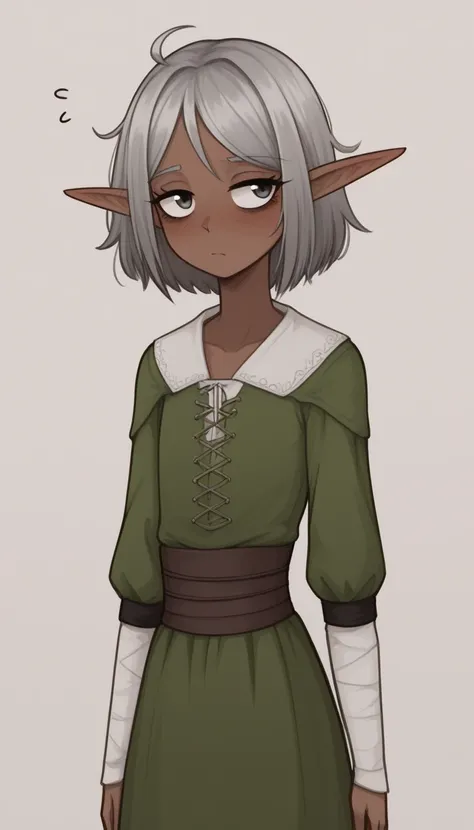     best quality  ,     very detailed illustration   ,(Elf Boy :1,7), dark skin, black circles under the eyes ,  tousled disheveled fluffy gray hair  ,  TIRED LOOK,  a femboy ,  slim,     perfect body  , Cute, looks at a nonentity , Medieval clothing, play...