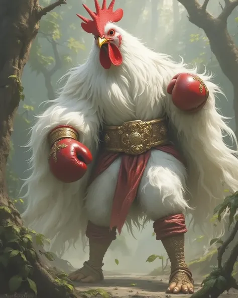 Chicken head ,  boxer body, Jump Kick, PUT ON A BOXING BLANKET,  fantasy, Realistic lighting, In the dense forest, Put on red shoes, Wear Thai boxing pants, BLACK-RED MIXED CHICKEN FEATHERS, Put on a warrior's leg cuff.