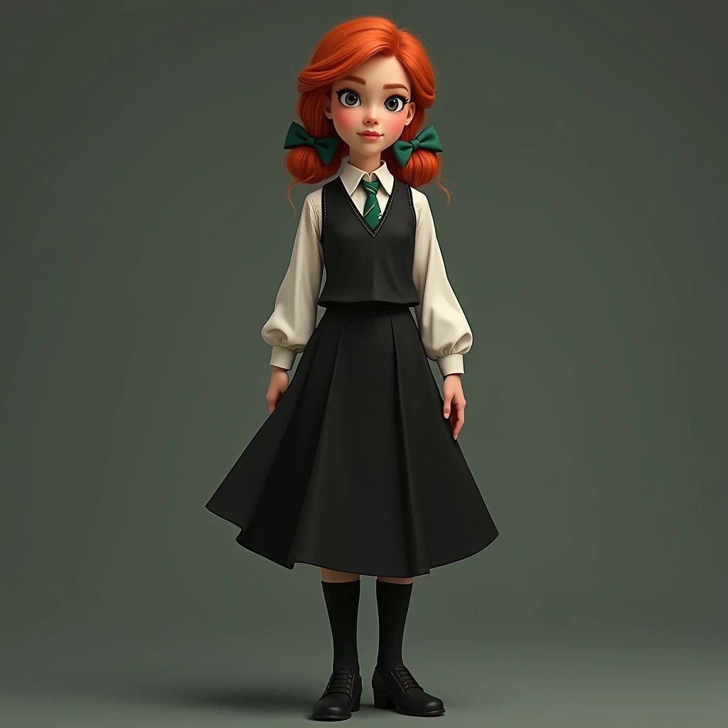  medium-length red hair tied together in a braid, with a green bow ,And black vest ,  long sleeve white shirt ,  with a green tie and write yourself ,  black skirt and black knee stockings ,  with slight heel shoes ,Harry Potter style realistic( Meister We...