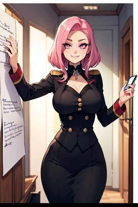 Perfect face. Perfect hands. A pink haired woman with violet eyes with an hourglass figure in an army uniform is checking on a list with a big smile in a Gothic office.