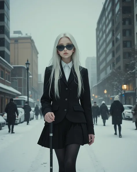 Adolescent, very pale skin, long and very straight white hair; blue and blind eyes with dark glasses; elegant private school outfit with blazer, short skirt, black leggings and black school shoes, walking worried in a City of the southern hemisphere in Win...