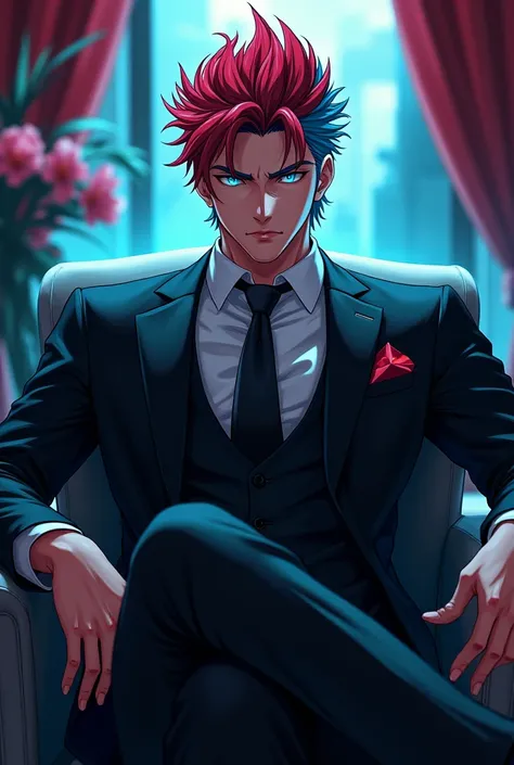 Adult male. Natural red and blue spikey hair, cyan colored dragon eyes, black mafia boss suit, Sitting down with wealth fame and power. Anime style 