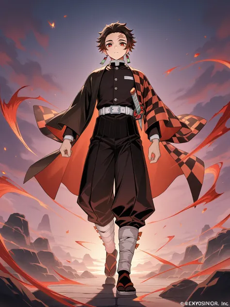 high resolution picture, masterpiece, best quality, amazing quality, official art, solo, from  Genshin Impact, 1boy, male focus,  scar on forehead, short hair, brown hair, red eyes
demon slayer uniform, japanese clothes, checkered clothes, haori, black jac...