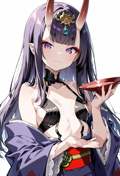 ((masterpiece, best quality, ultra detailed, high resolution, detailed facial description, perfect hands, perfect eyes)), (1 woman, solo), (oni, Shuten Doji, oni horns), (purple long hair, blunt bangs), (purple eyes, slit pupils, red eyeliner, round eyebro...