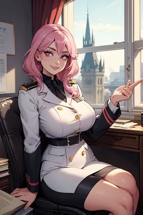 Perfect face. Perfect hands. A pink haired woman with violet eyes with an hourglass figure in an army uniform is sitting by an open window with a big smile in a Gothic office.