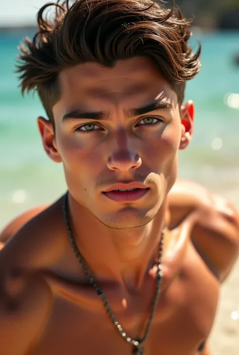 18-year-old Caucasian male ,  without beard perfect face defined jaws and raised cheekbones, soft lips dark brown hair penetrating green eyes, divine beauty, muscular body on a sunny day
