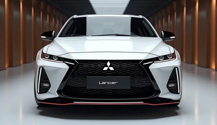 create an ultra-detailed 3D rendr (Front grill) view, of a modern 2025 (Mitsubishi Lancer) with a bold designy  looking long like limousine captured from (Front) view. The car should feature a 'Gleamy oily (front Shiny White) ' color and black accents with...