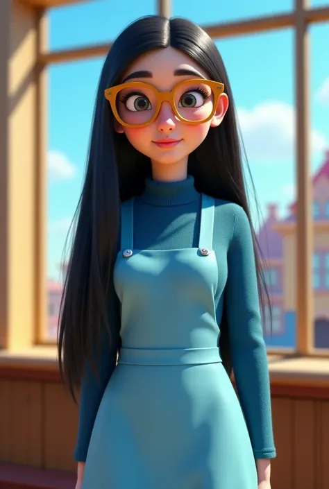 Pixar-like poster tall teacher with long straight black hair with beige lenses with blue sweater and light blue princess apron 